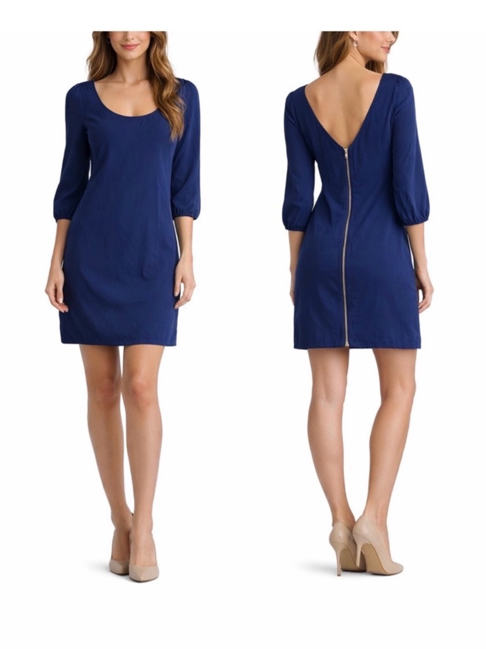 Humble Chic Navy Blue Sheath Dress With Statement Back Zipper.